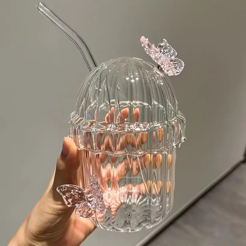 Butterfly Glass Cup with straw