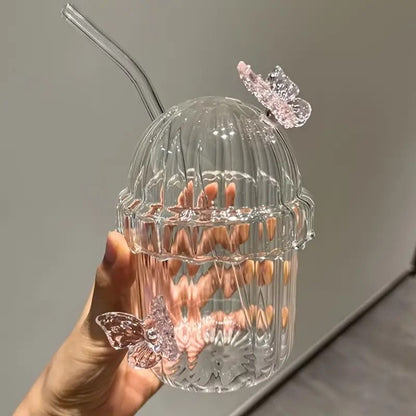 Butterfly Glass Cup with straw