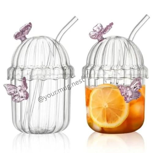 Butterfly Glass Cup with straw